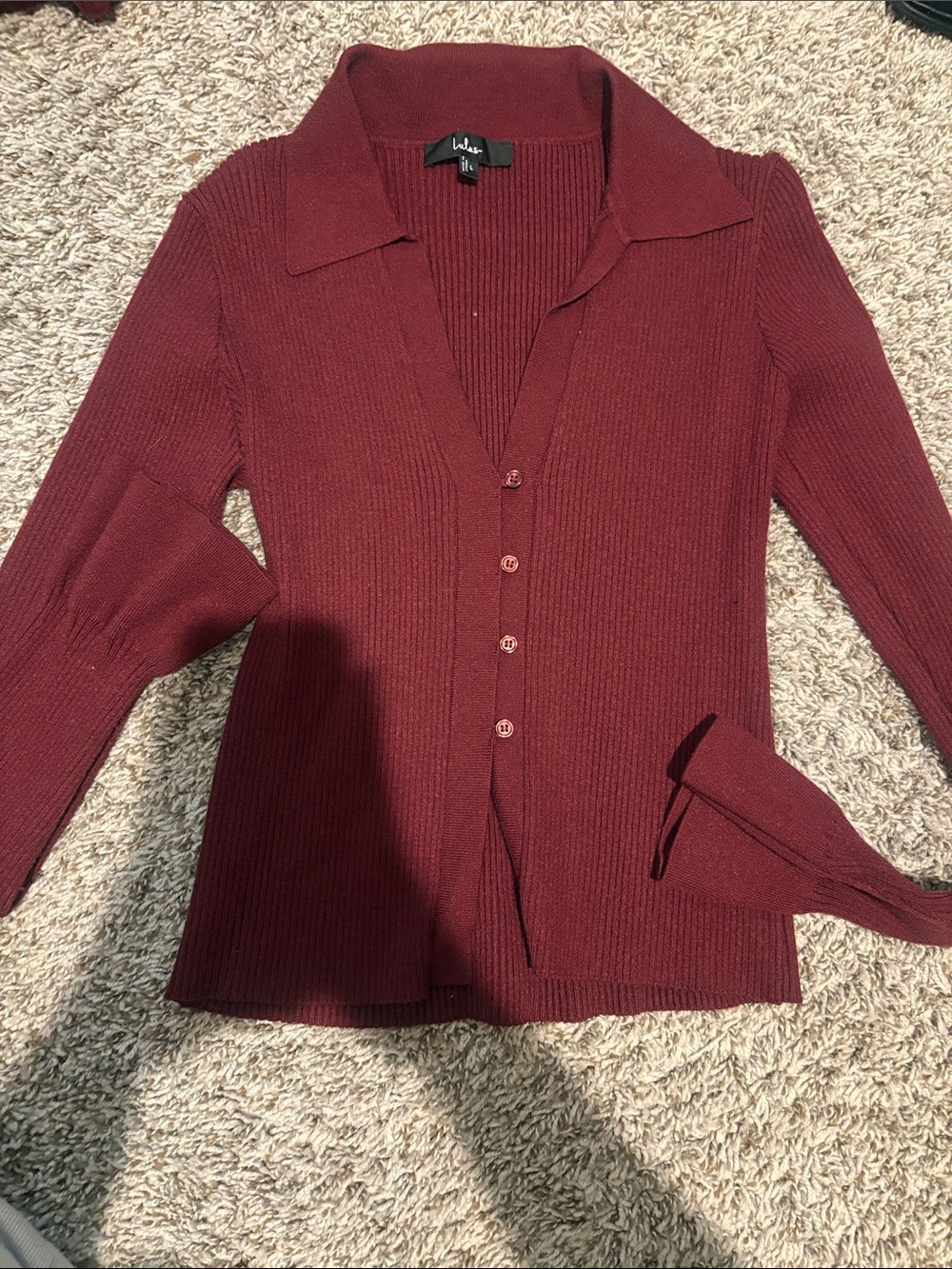 Lulu's Burgundy Ribbed Button-Up Knit Top